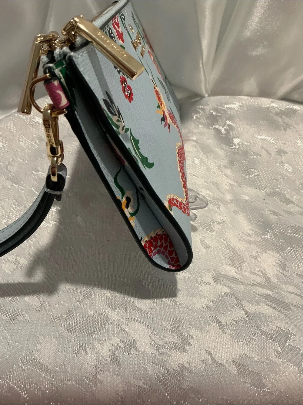 kate spade Light Blue Floral Dragon Doible Zip Wristlet Clutch with Wrist Strap